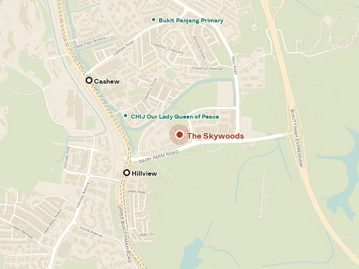 Map of the area around The Skywoods, with nearby MRT stations and primary schools