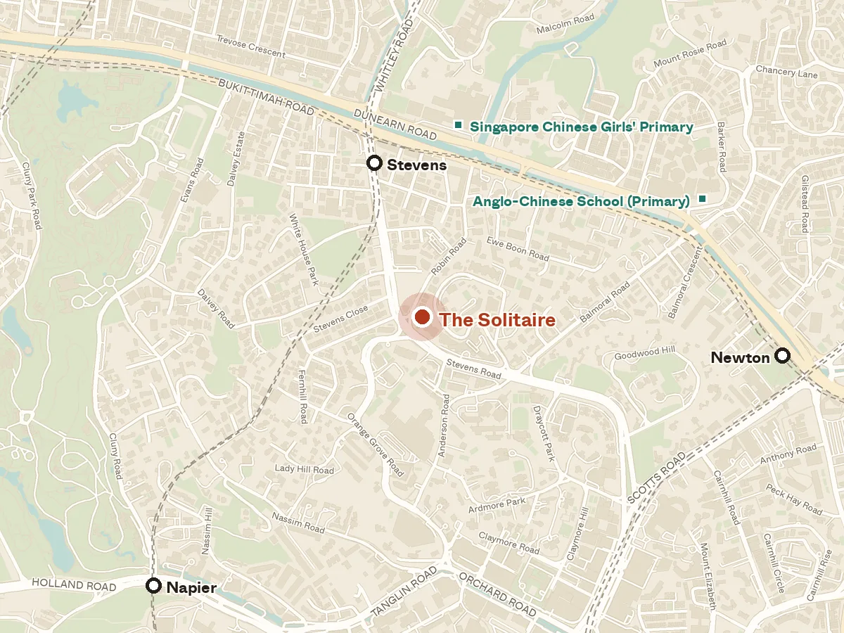 Map of the area around The Solitaire, with nearby MRT stations and primary schools