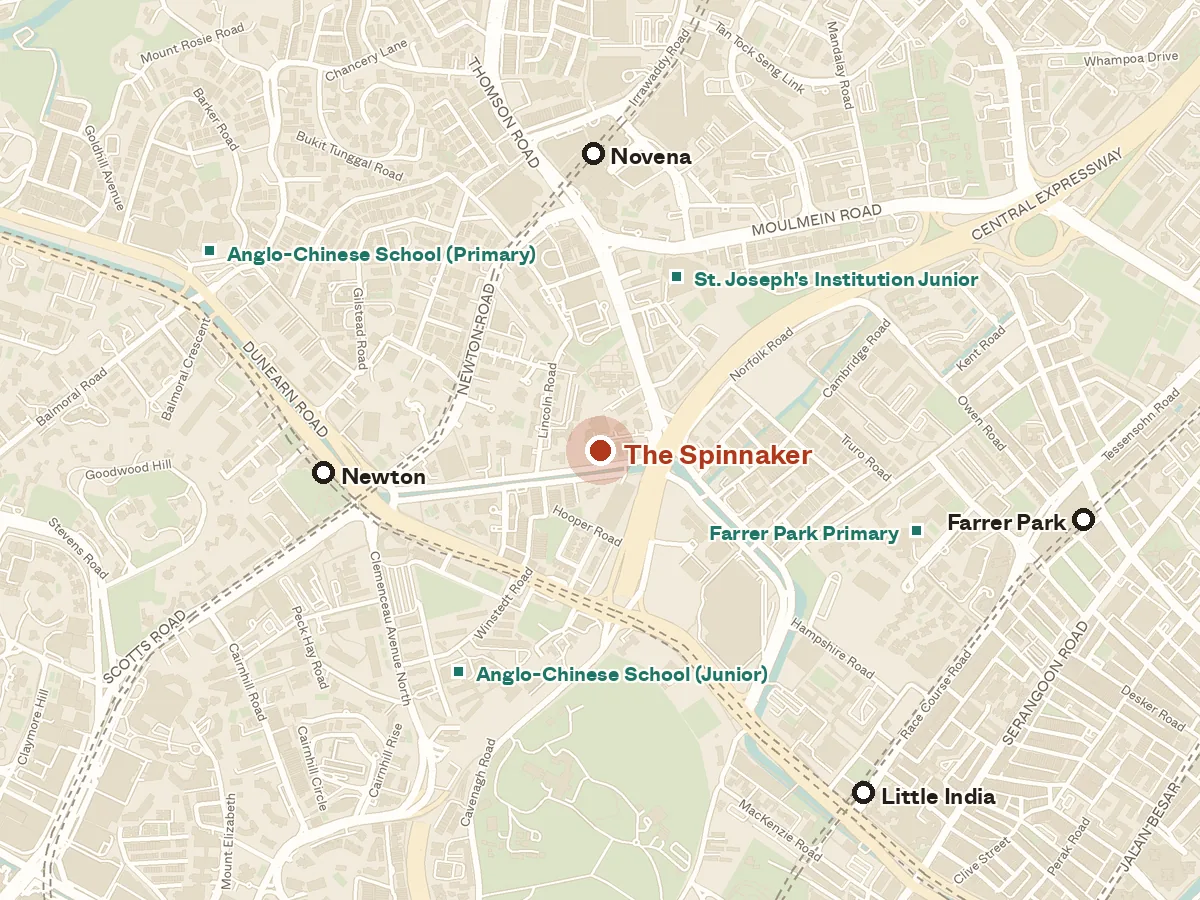 Map of the area around The Spinnaker, with nearby MRT stations and primary schools
