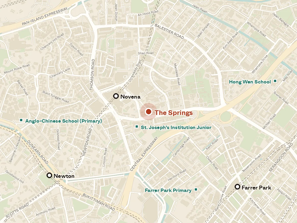 Map of the area around The Springs, with nearby MRT stations and primary schools