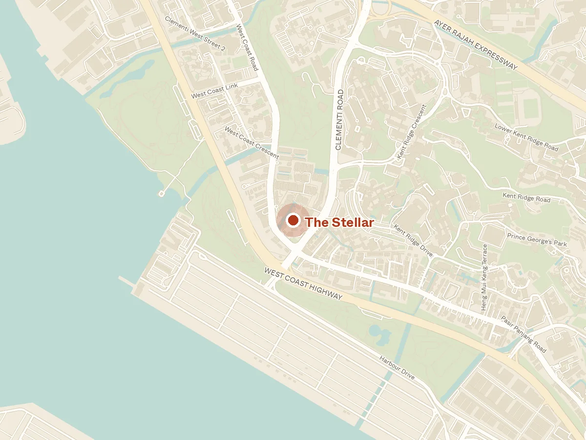 Map of the area around The Stellar, with nearby MRT stations and primary schools
