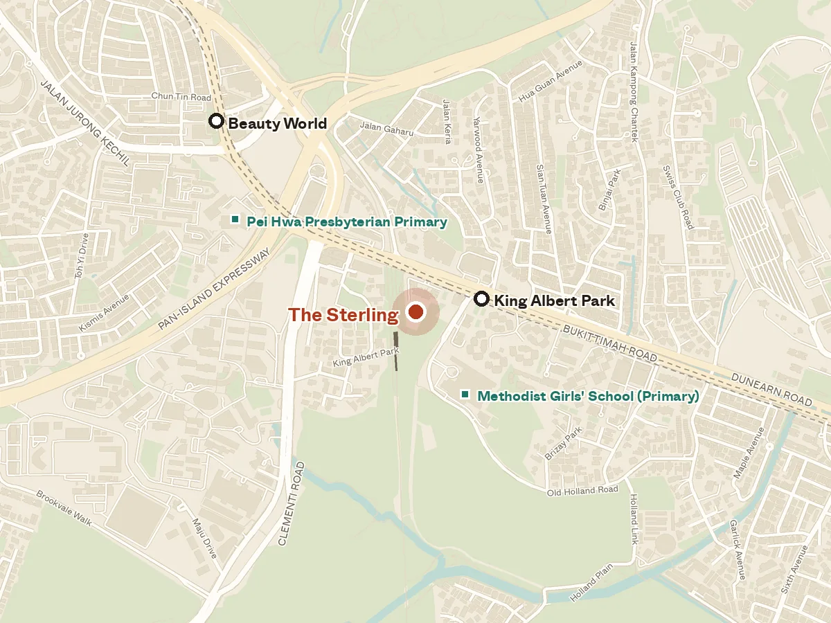 Map of the area around The Sterling, with nearby MRT stations and primary schools