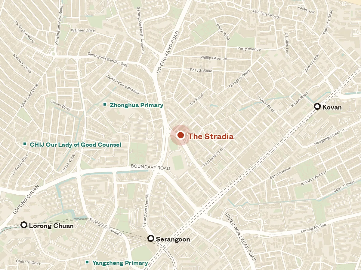 Map of the area around The Stradia, with nearby MRT stations and primary schools