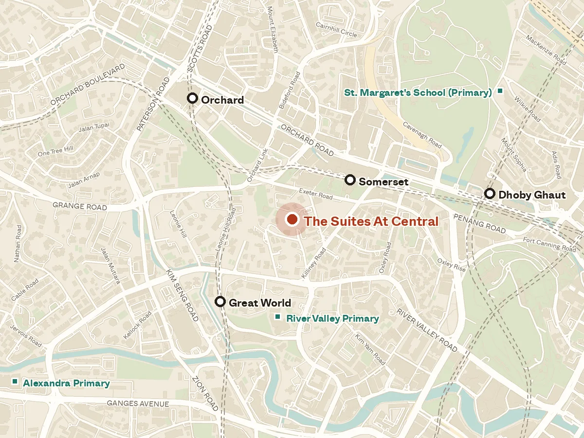 Map of the area around The Suites At Central, with nearby MRT stations and primary schools