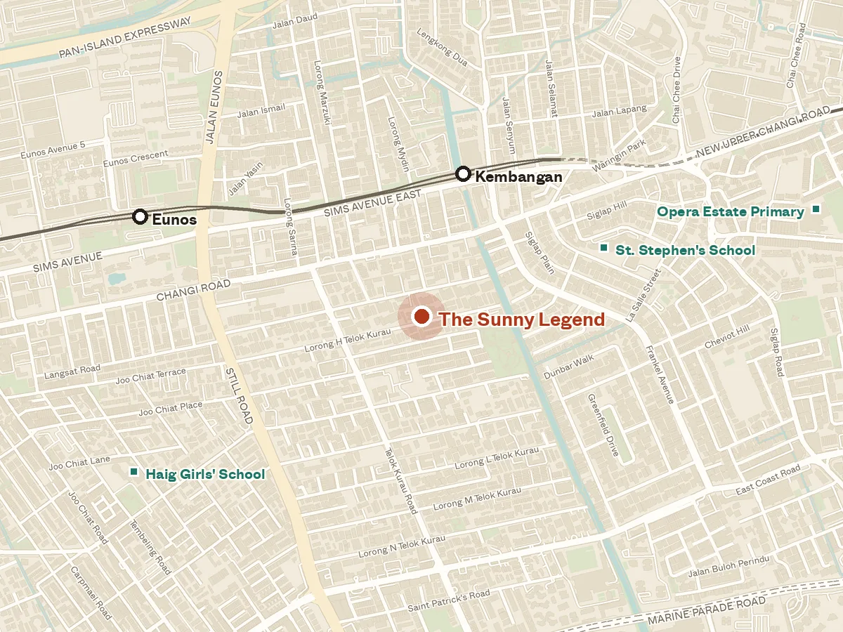 Map of the area around The Sunny Legend, with nearby MRT stations and primary schools