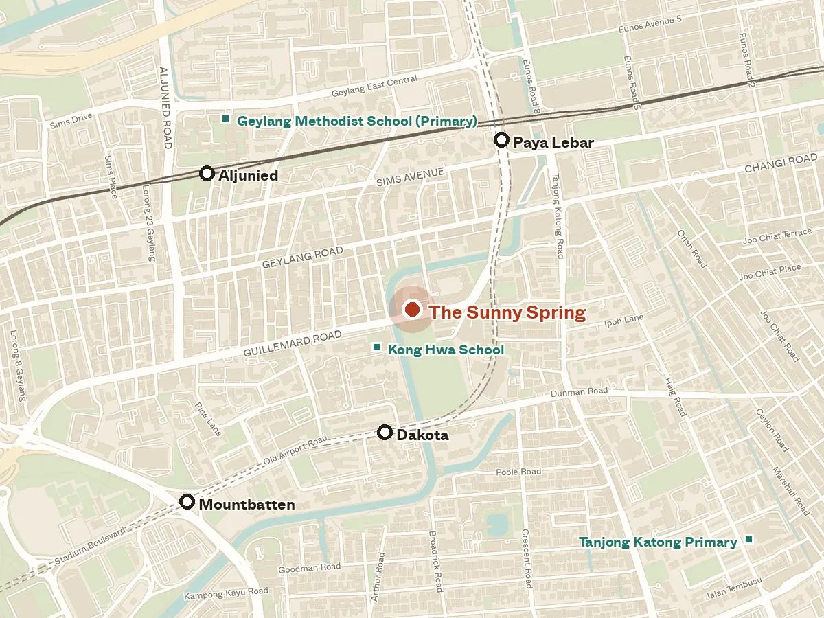 Map of the area around The Sunny Spring, with nearby MRT stations and primary schools