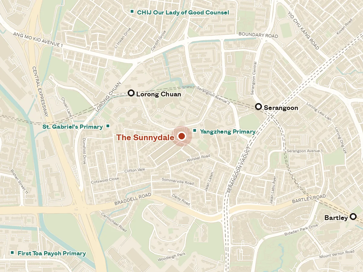 Map of the area around The Sunnydale, with nearby MRT stations and primary schools
