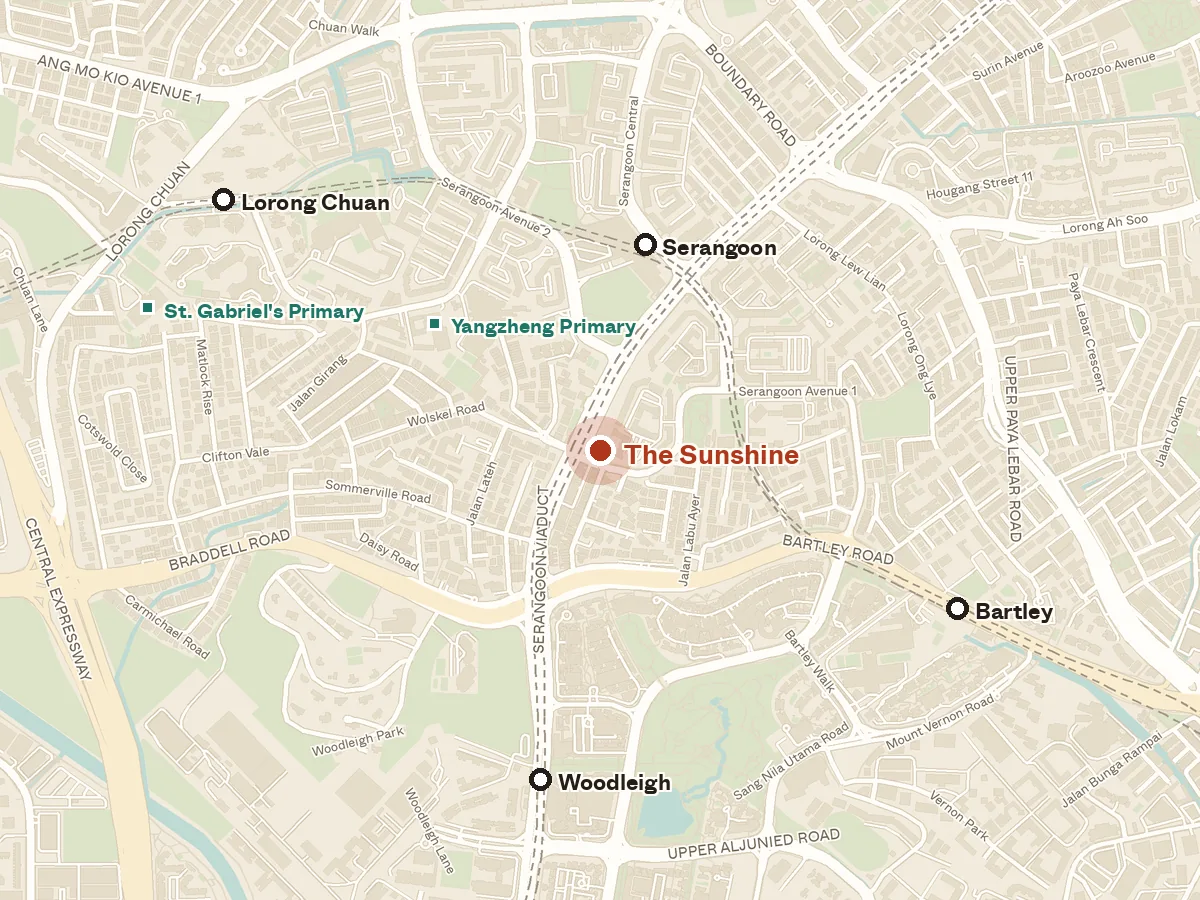 Map of the area around The Sunshine, with nearby MRT stations and primary schools
