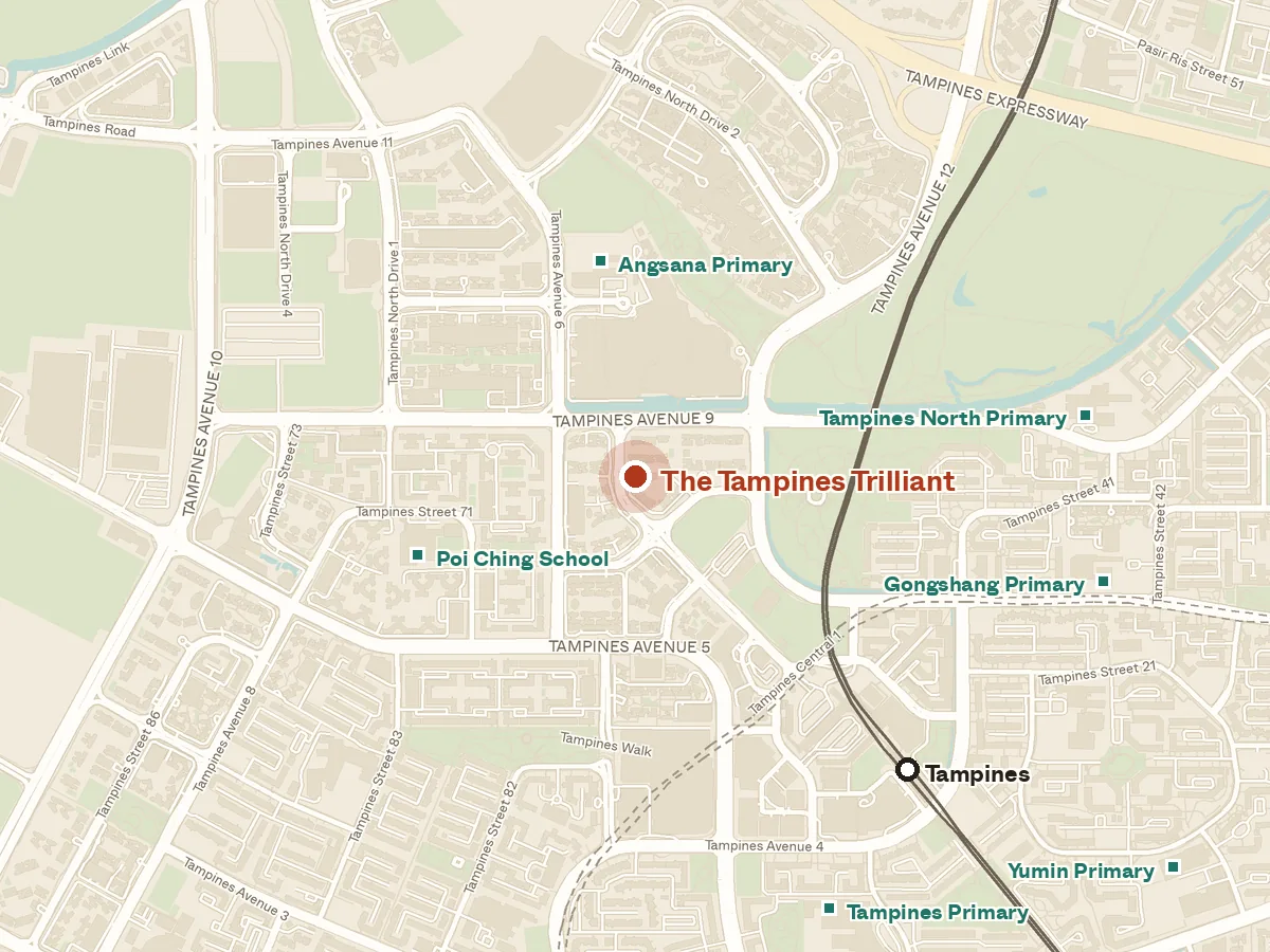Map of the area around The Tampines Trilliant, with nearby MRT stations and primary schools