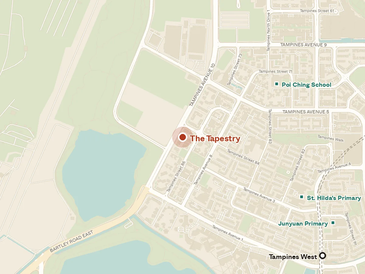 Map of the area around The Tapestry, with nearby MRT stations and primary schools