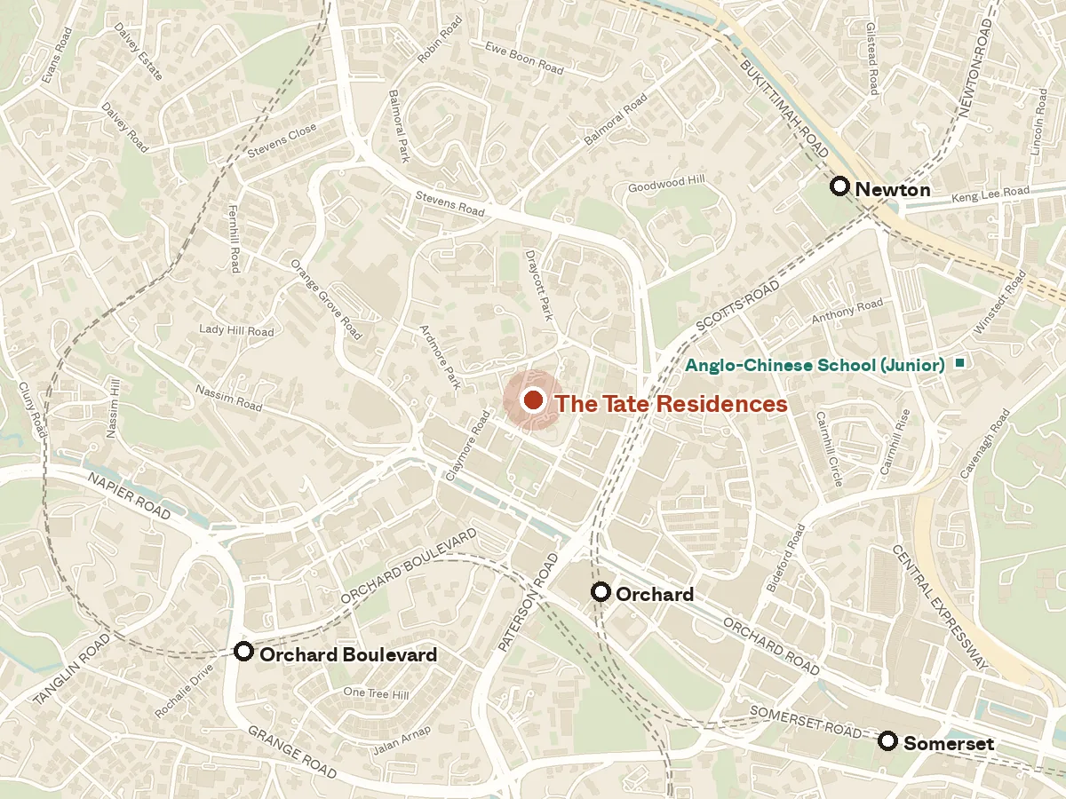 Map of the area around The Tate Residences, with nearby MRT stations and primary schools