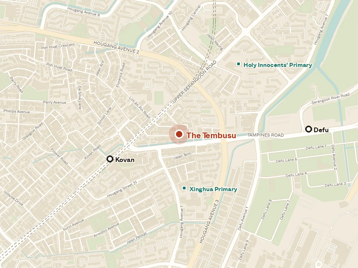 Map of the area around The Tembusu, with nearby MRT stations and primary schools