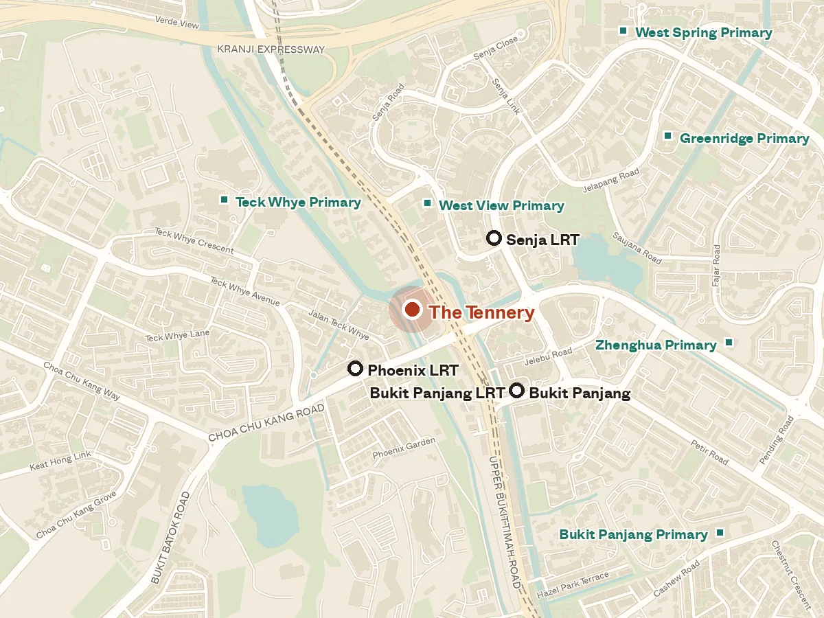 Map of the area around The Tennery, with nearby MRT stations and primary schools