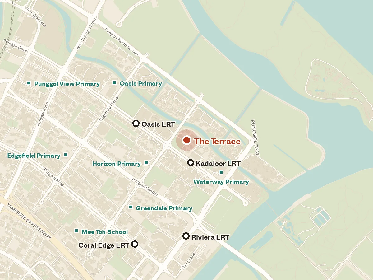 Map of the area around The Terrace, with nearby MRT stations and primary schools