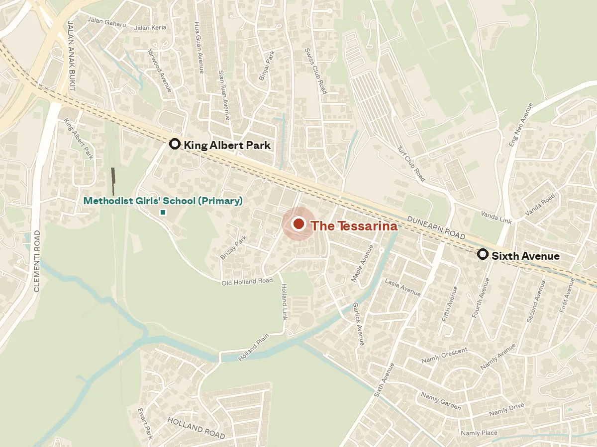Map of the area around The Tessarina, with nearby MRT stations and primary schools