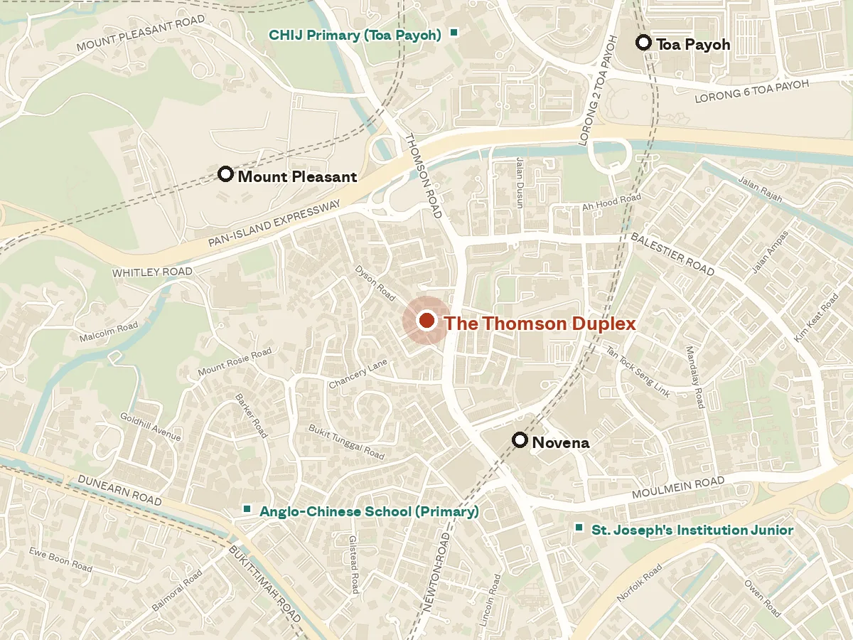 Map of the area around The Thomson Duplex, with nearby MRT stations and primary schools