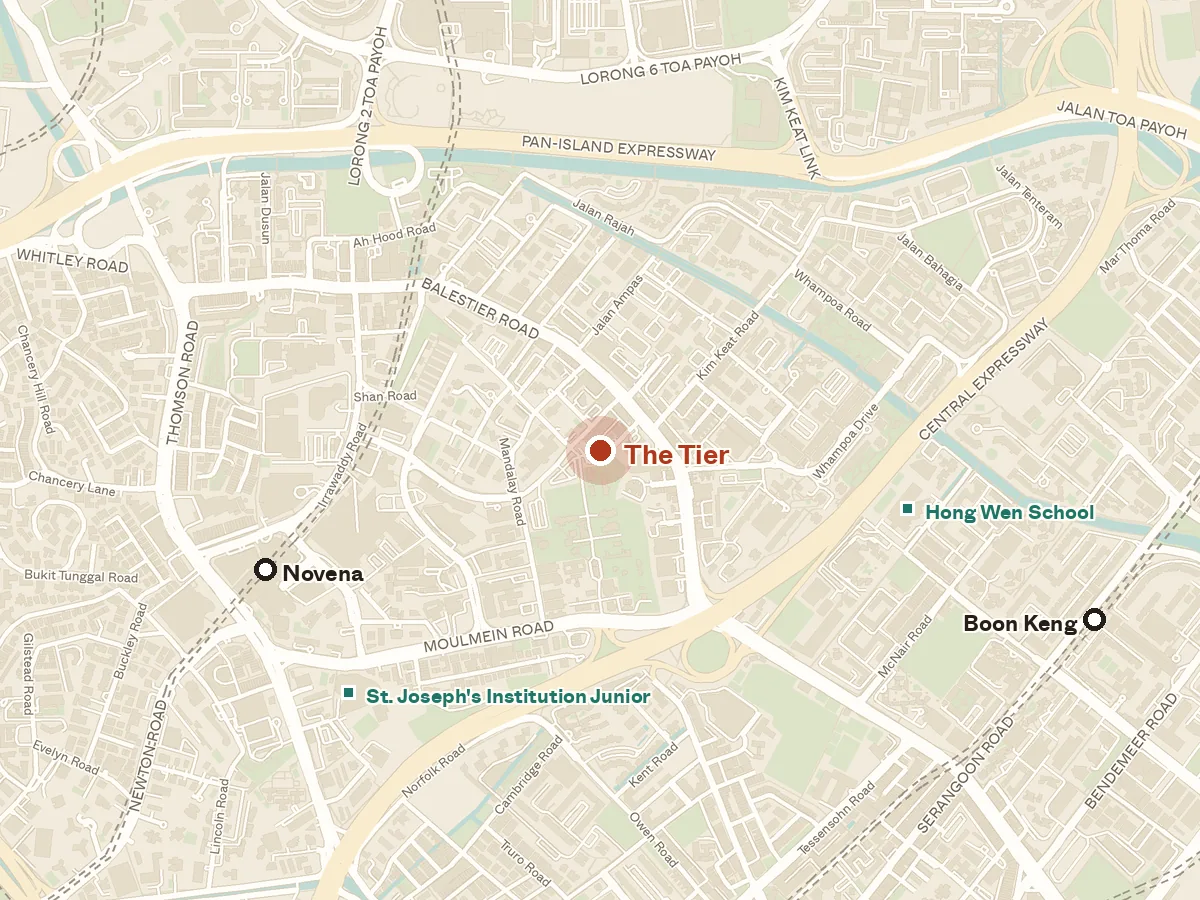 Map of the area around The Tier, with nearby MRT stations and primary schools