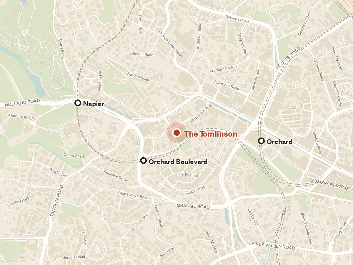 Map of the area around The Tomlinson, with nearby MRT stations and primary schools