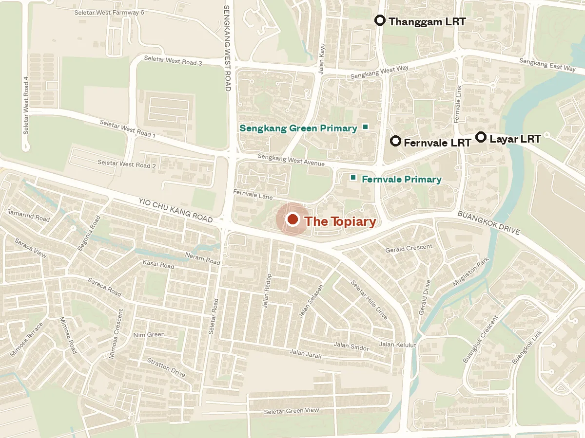 Map of the area around The Topiary, with nearby MRT stations and primary schools