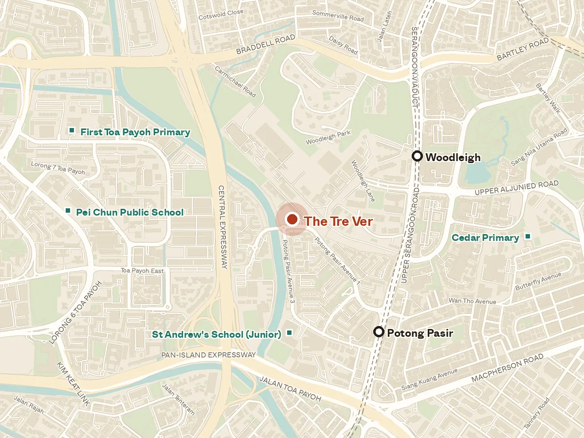 Map of the area around The Tre Ver, with nearby MRT stations and primary schools
