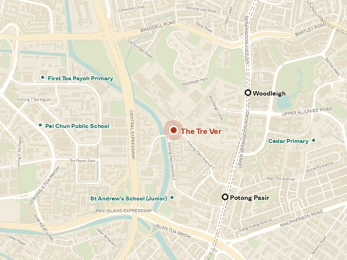 Map of the area around The Tre Ver, with nearby MRT stations and primary schools