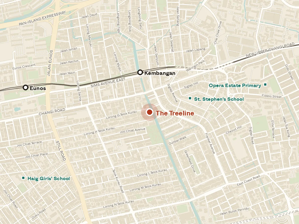 Map of the area around The Treeline, with nearby MRT stations and primary schools