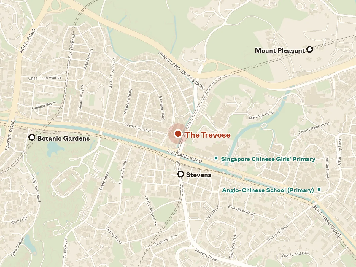 Map of the area around The Trevose, with nearby MRT stations and primary schools