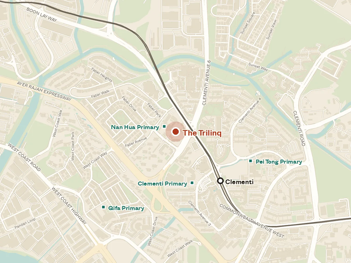 Map of the area around The Trilinq, with nearby MRT stations and primary schools