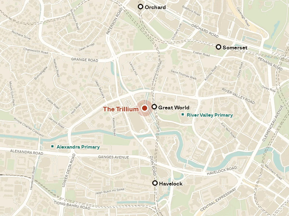 Map of the area around The Trillium, with nearby MRT stations and primary schools