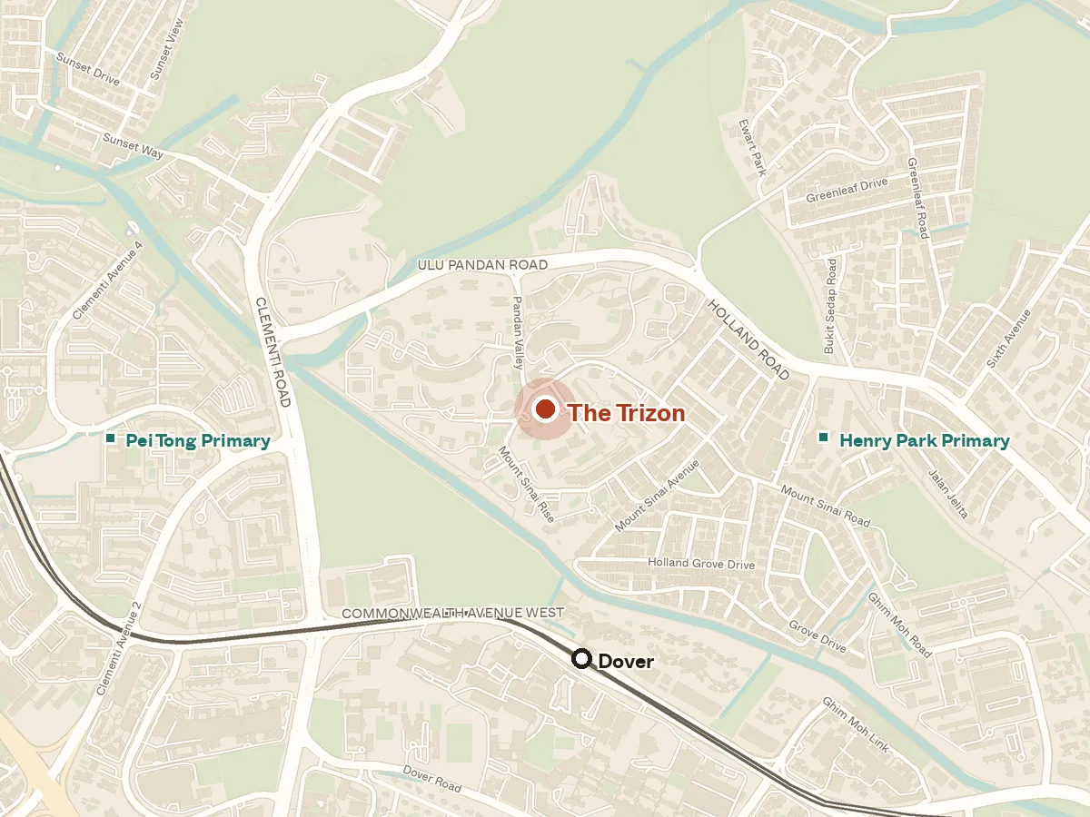 Map of the area around The Trizon, with nearby MRT stations and primary schools