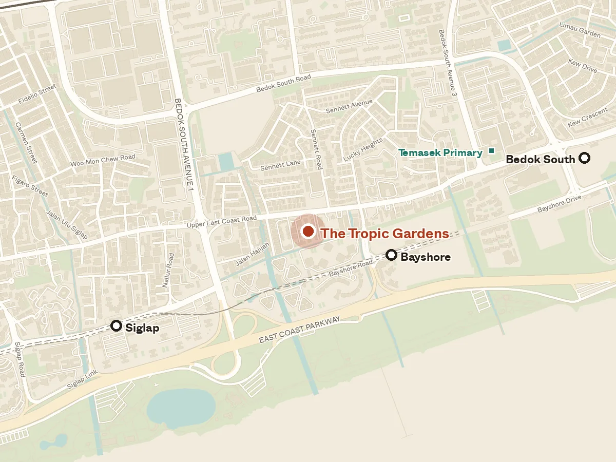 Map of the area around The Tropic Gardens, with nearby MRT stations and primary schools