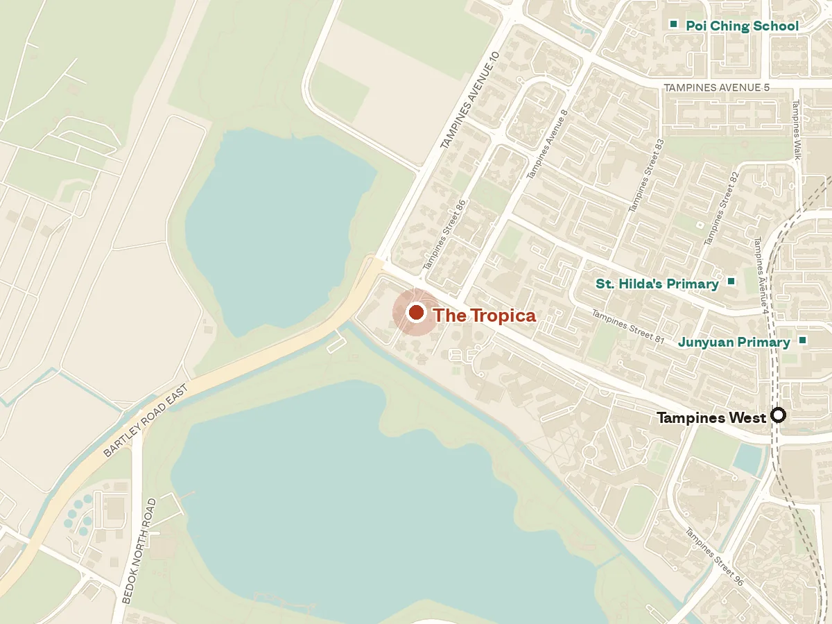 Map of the area around The Tropica, with nearby MRT stations and primary schools