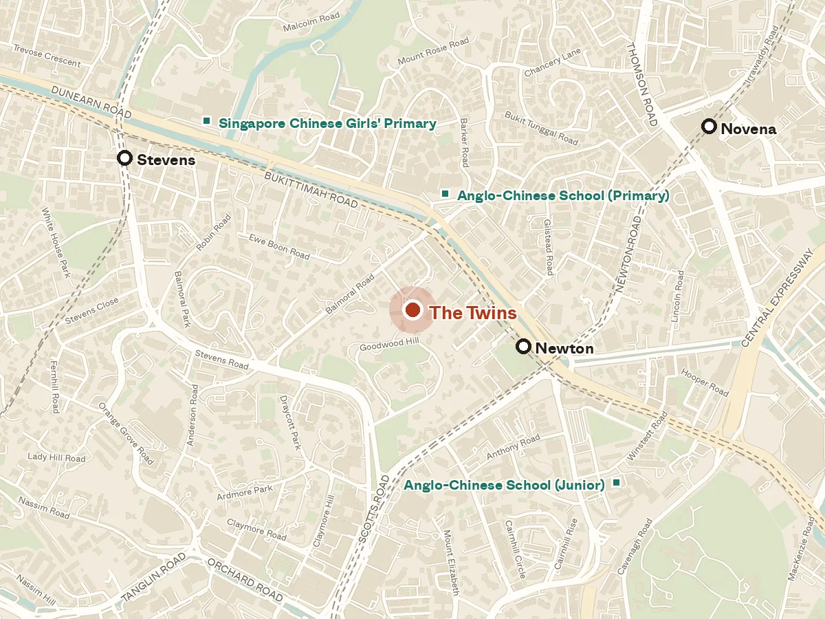Map of the area around The Twins, with nearby MRT stations and primary schools
