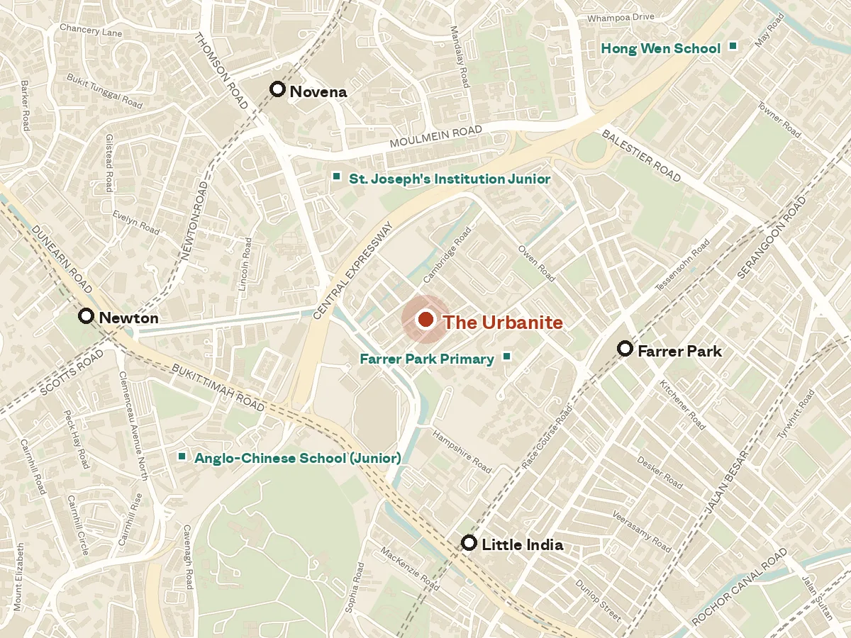 Map of the area around The Urbanite, with nearby MRT stations and primary schools