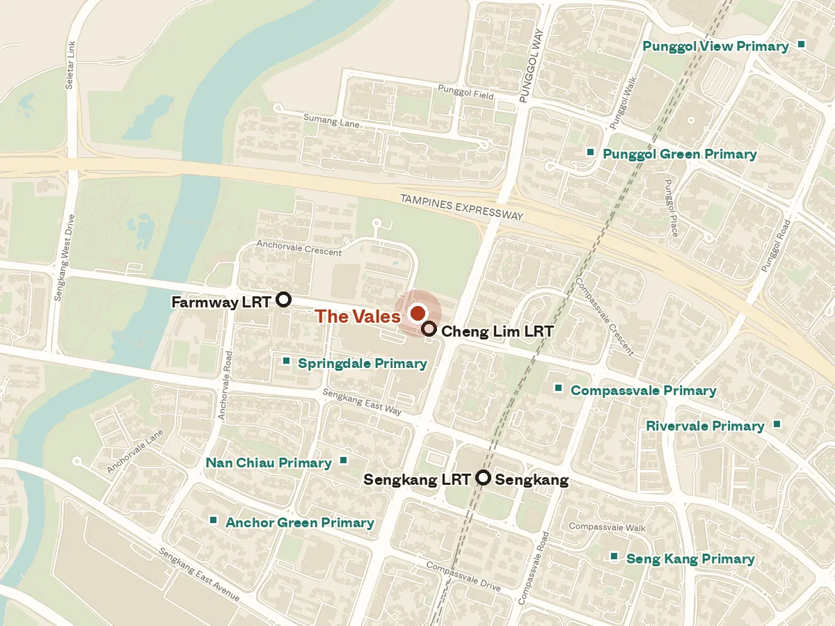 Map of the area around The Vales, with nearby MRT stations and primary schools