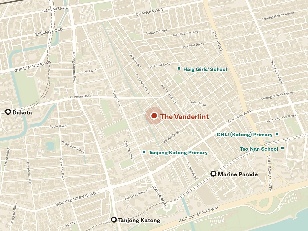 Map of the area around The Vanderlint, with nearby MRT stations and primary schools