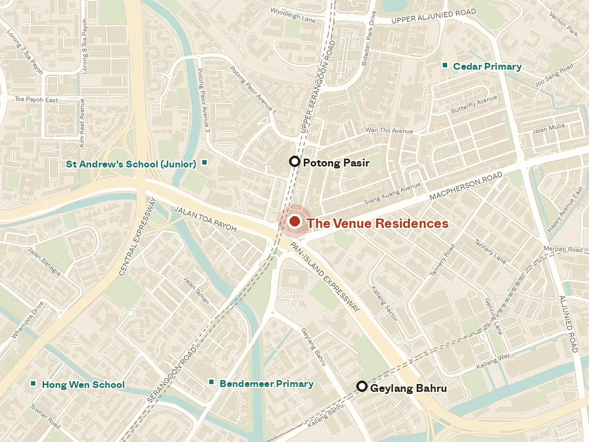 Map of the area around The Venue Residences, with nearby MRT stations and primary schools