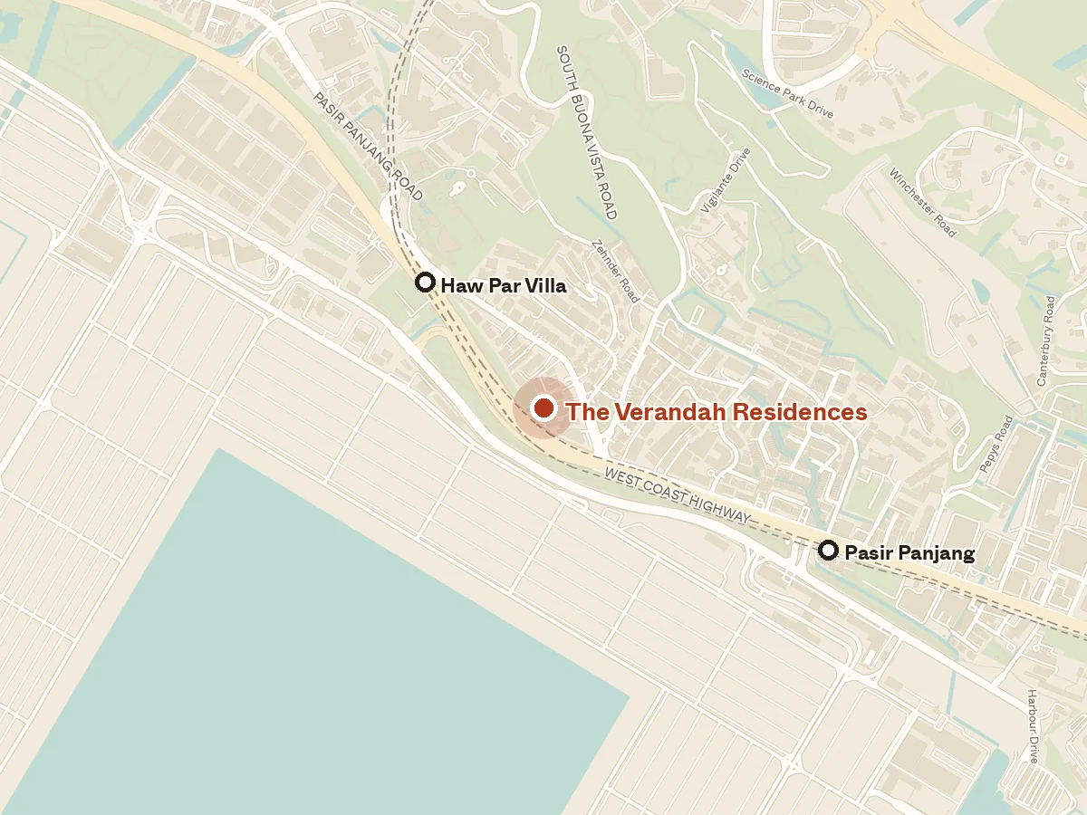 Map of the area around The Verandah Residences, with nearby MRT stations and primary schools