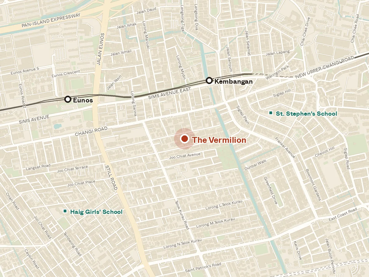 Map of the area around The Vermilion, with nearby MRT stations and primary schools