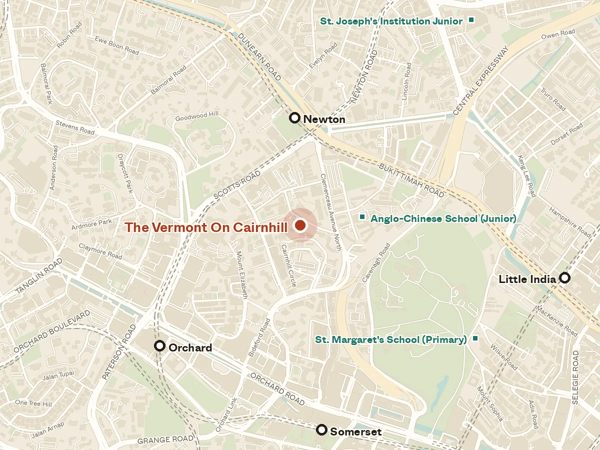 Map of the area around The Vermont On Cairnhill, with nearby MRT stations and primary schools