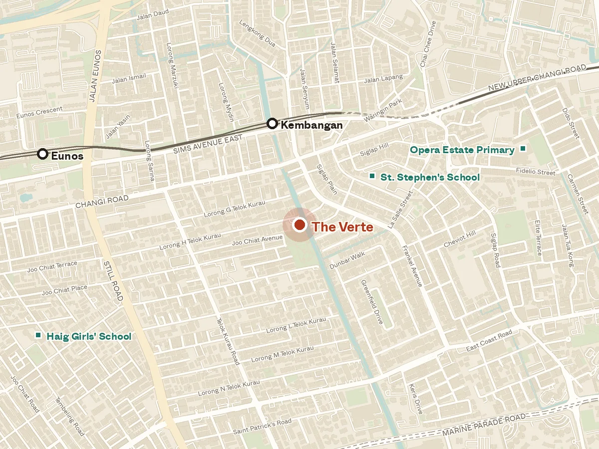 Map of the area around The Verte, with nearby MRT stations and primary schools