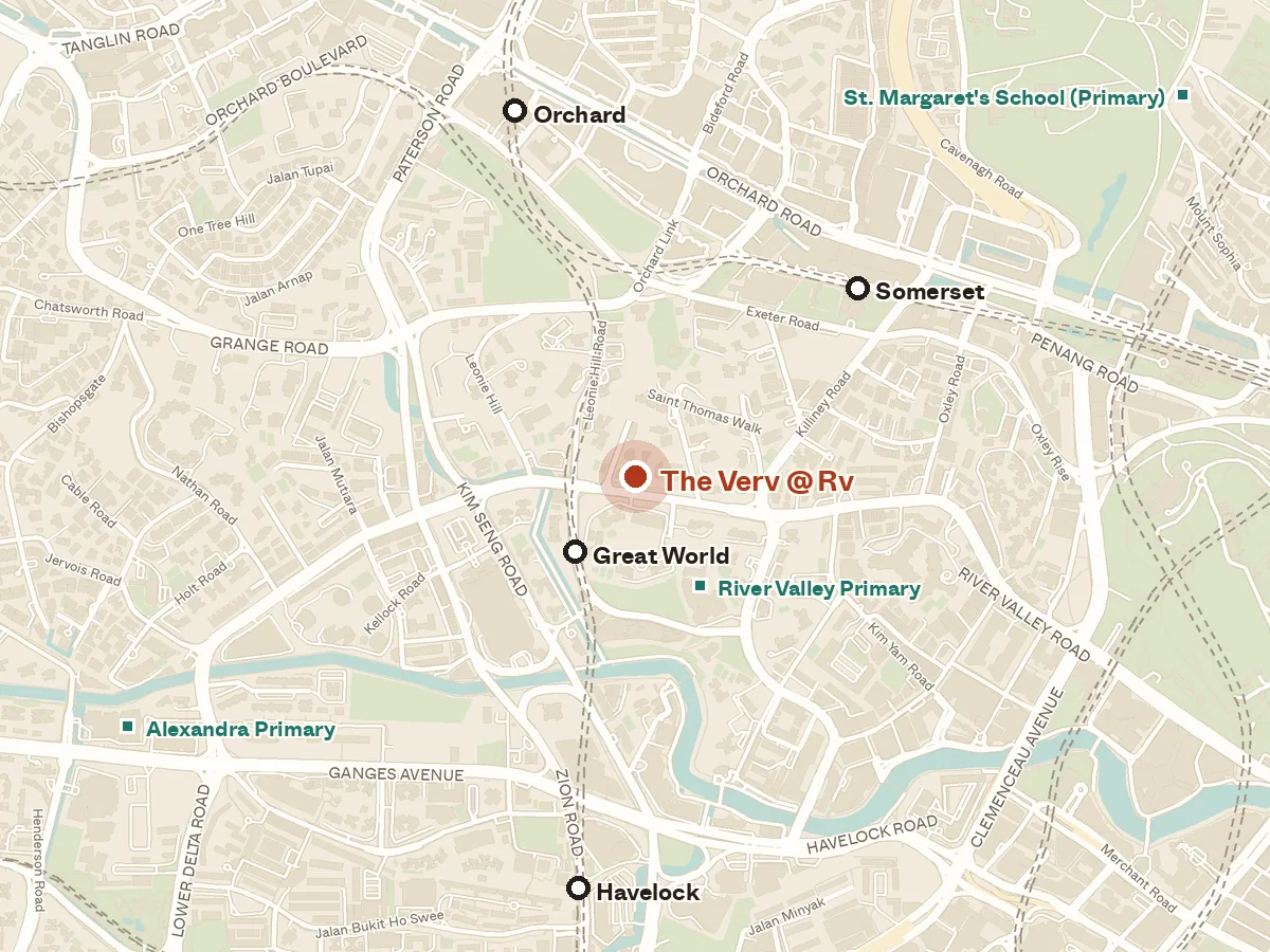 Map of the area around The Verv @ Rv, with nearby MRT stations and primary schools