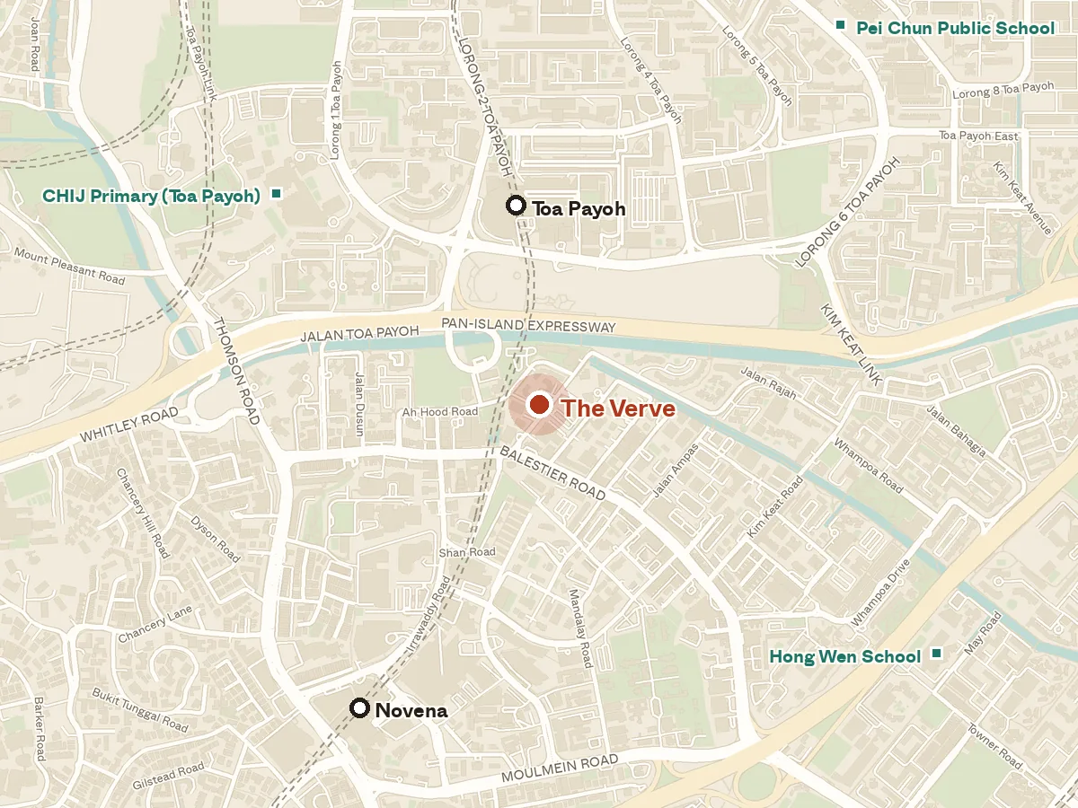 Map of the area around The Verve, with nearby MRT stations and primary schools
