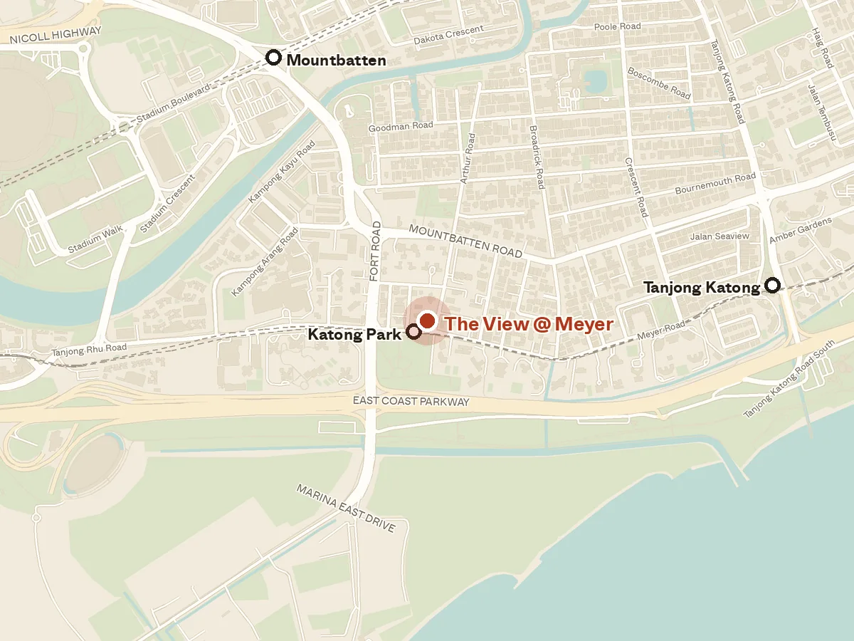 Map of the area around The View @ Meyer, with nearby MRT stations and primary schools