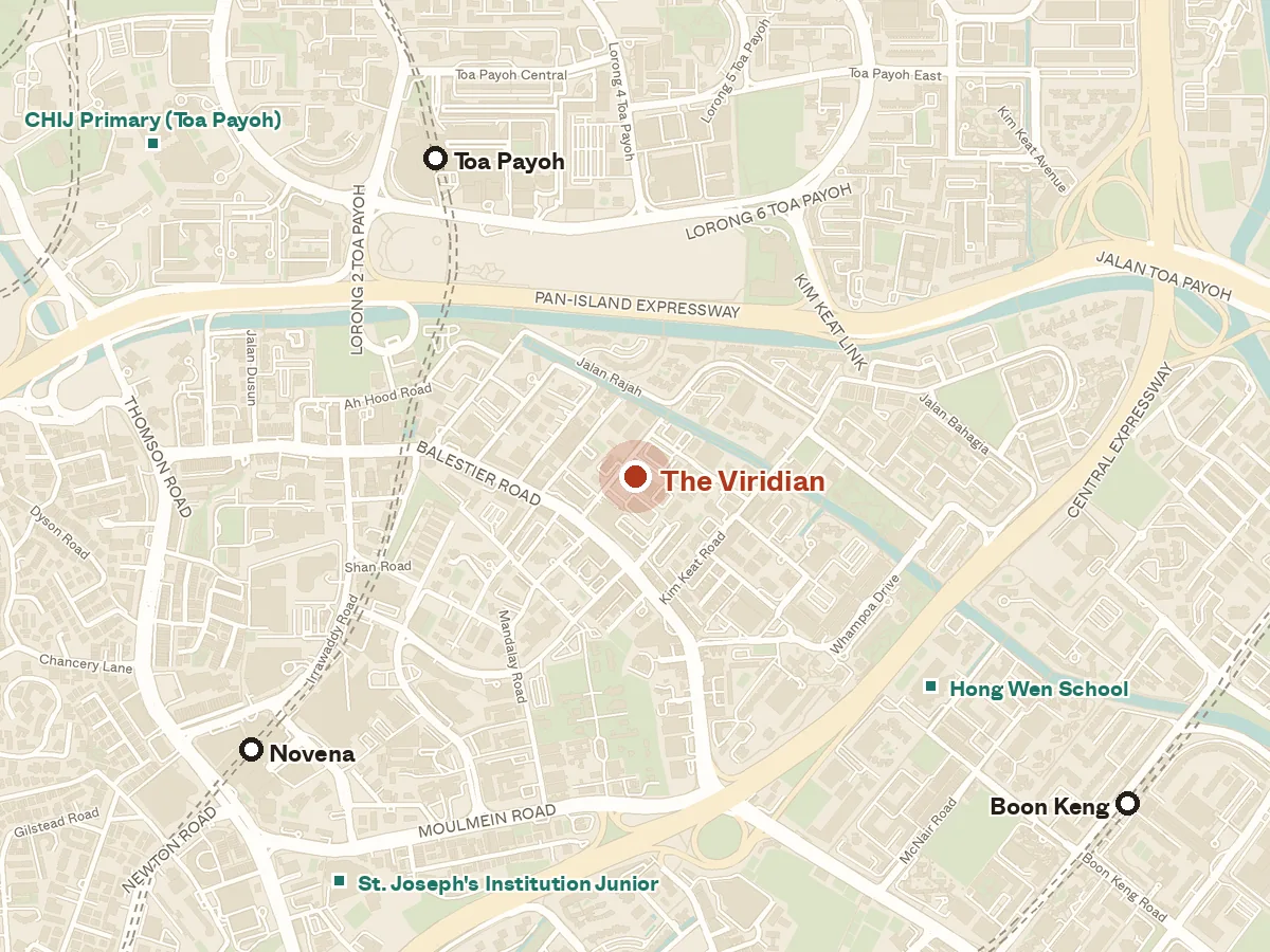 Map of the area around The Viridian, with nearby MRT stations and primary schools