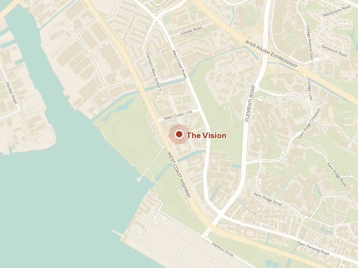 Map of the area around The Vision, with nearby MRT stations and primary schools