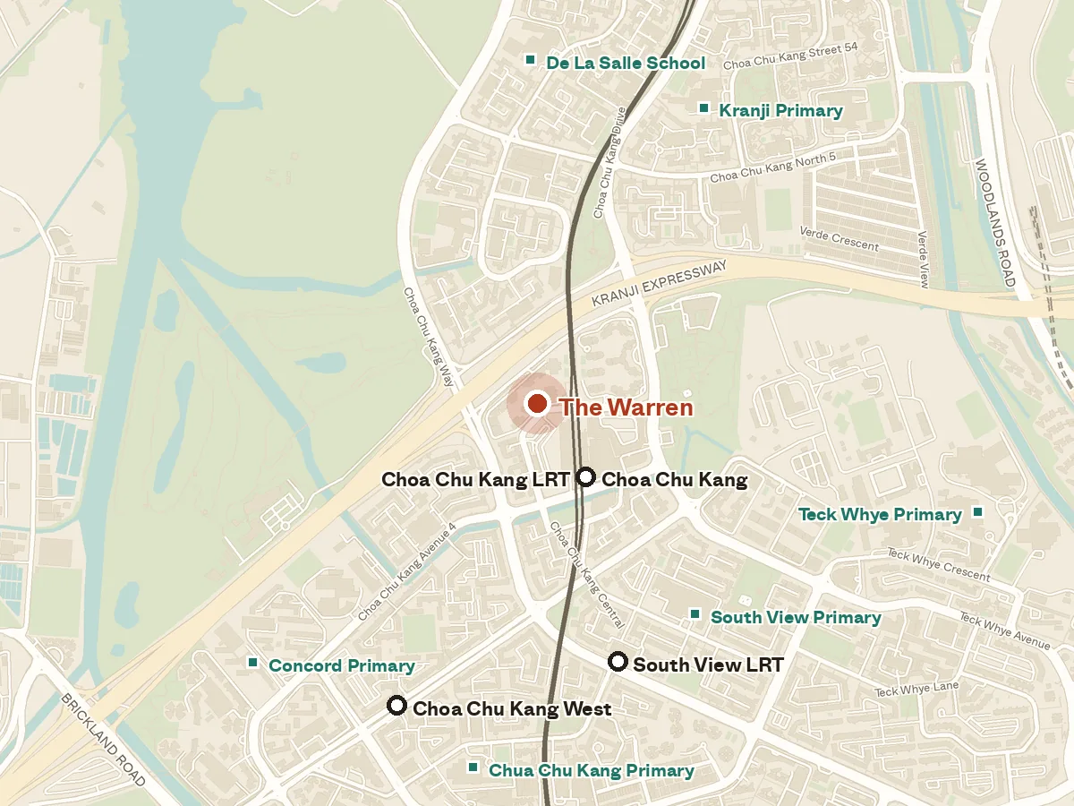 Map of the area around The Warren, with nearby MRT stations and primary schools