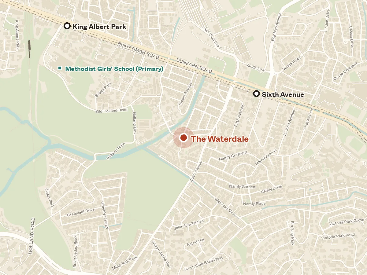 Map of the area around The Waterdale, with nearby MRT stations and primary schools