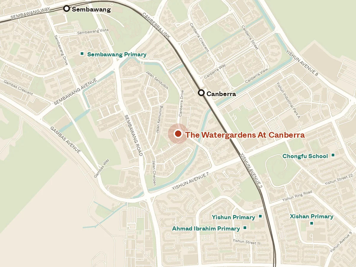Map of the area around The Watergardens At Canberra, with nearby MRT stations and primary schools