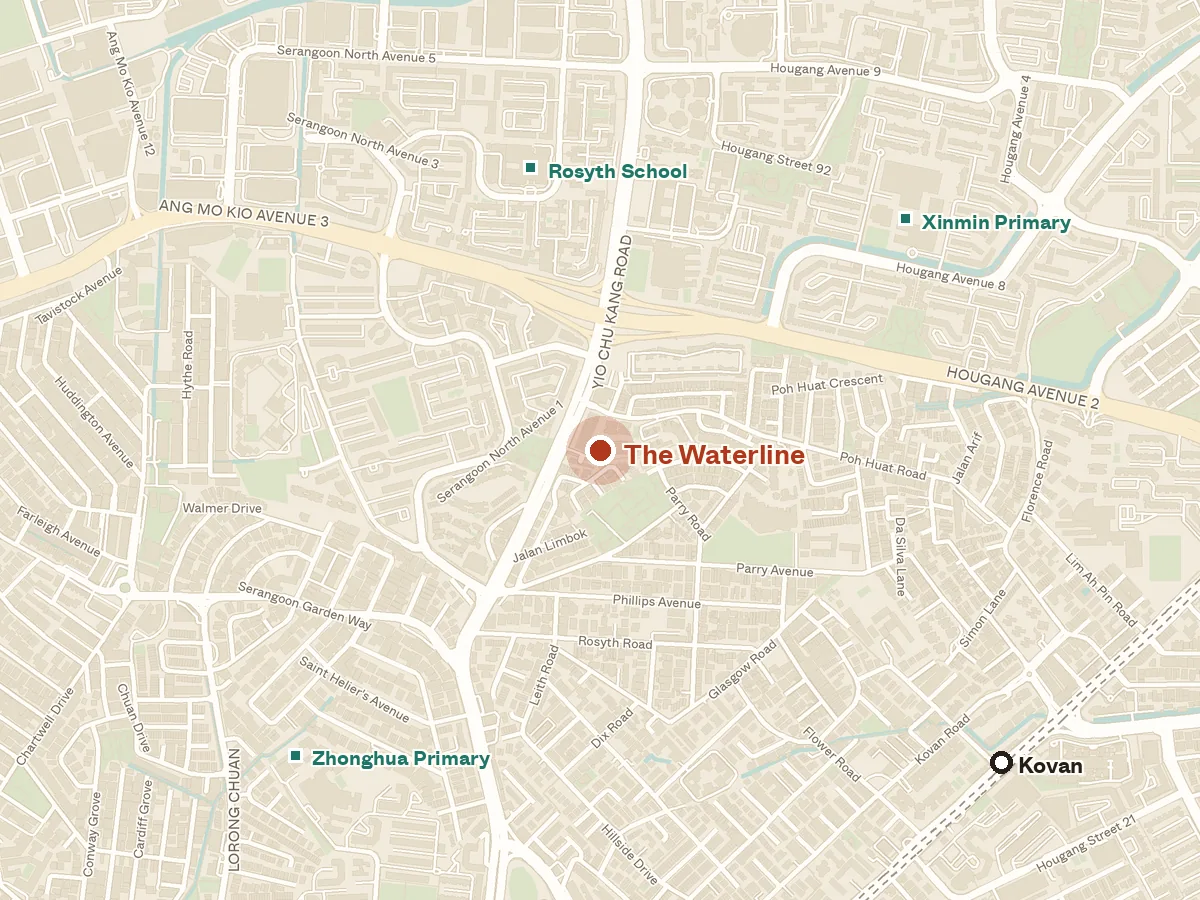 Map of the area around The Waterline, with nearby MRT stations and primary schools
